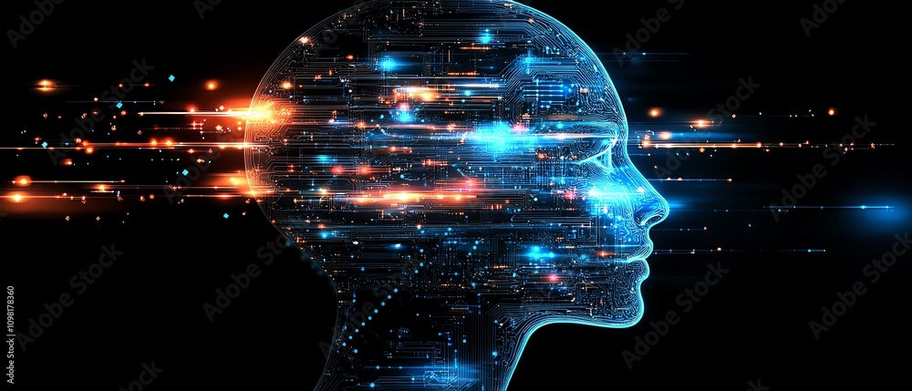 Aufkleber human head silhouette with glowing circuit patterns and tech elements on a hightech background, symb