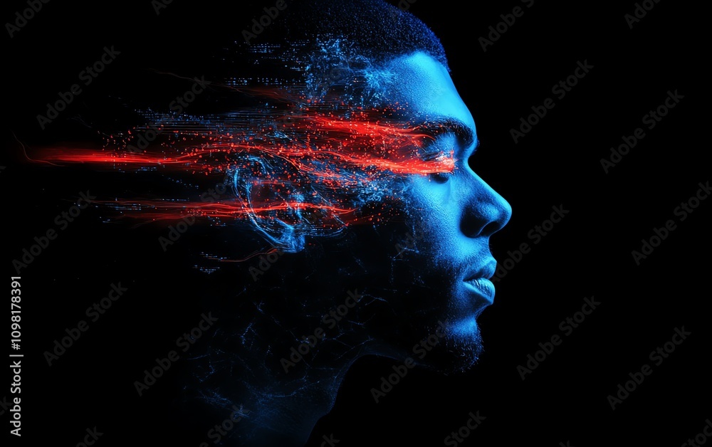 Aufkleber Human profile with dynamic blue and red data streams and network nodes, AI generative concept, representing artificial intelligence and digital systems