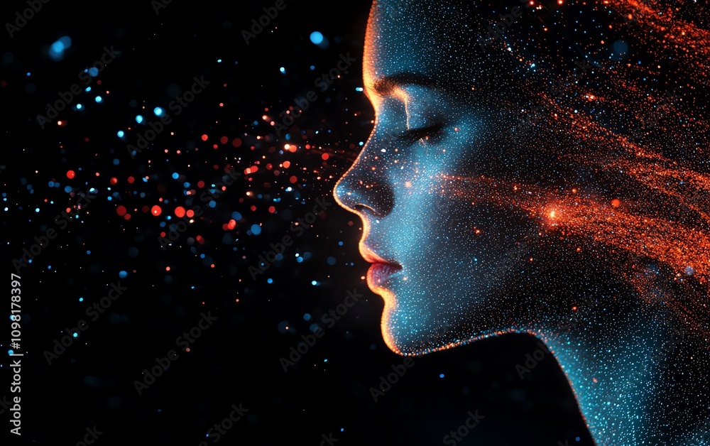 Aufkleber Human profile with dynamic blue and red data streams and network nodes, AI generative concept, representing artificial intelligence and digital systems