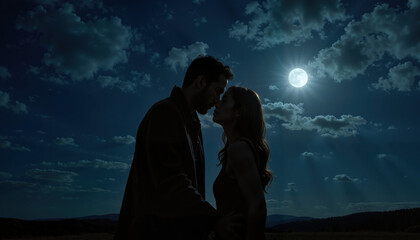 Fototapeta premium Silhouetted couple kissing under moonlight and starry night sky