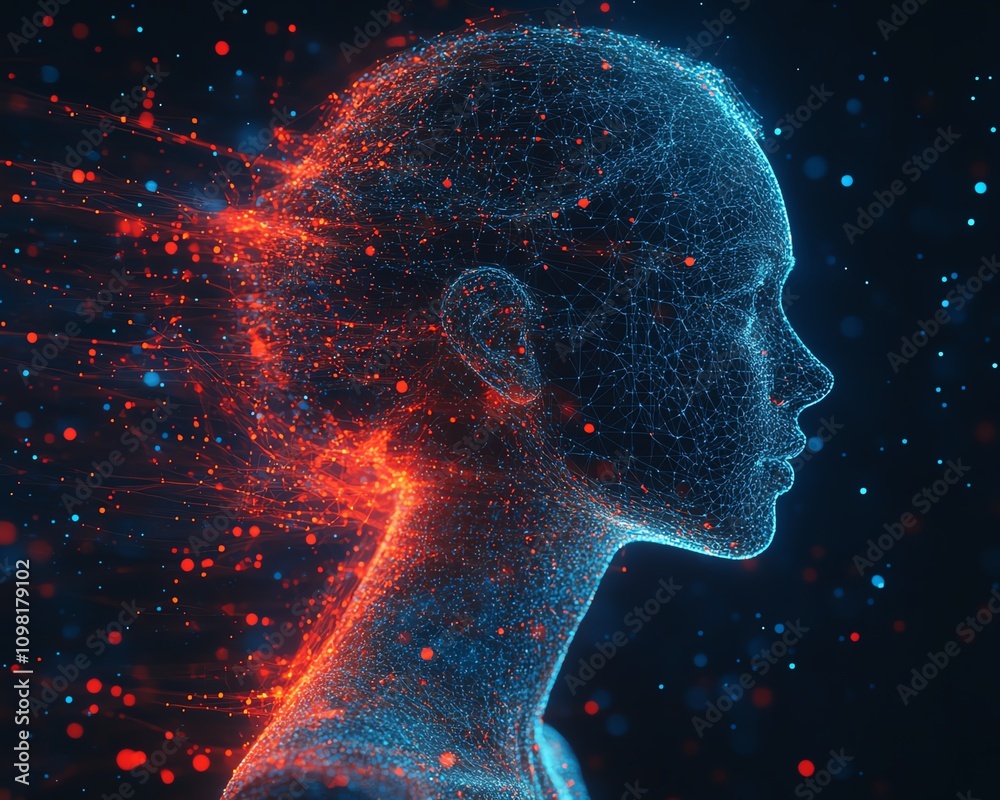 Aufkleber Abstract AIgenerated human profile with data streams and network nodes in blue and red, showcasing digital intelligence and technology