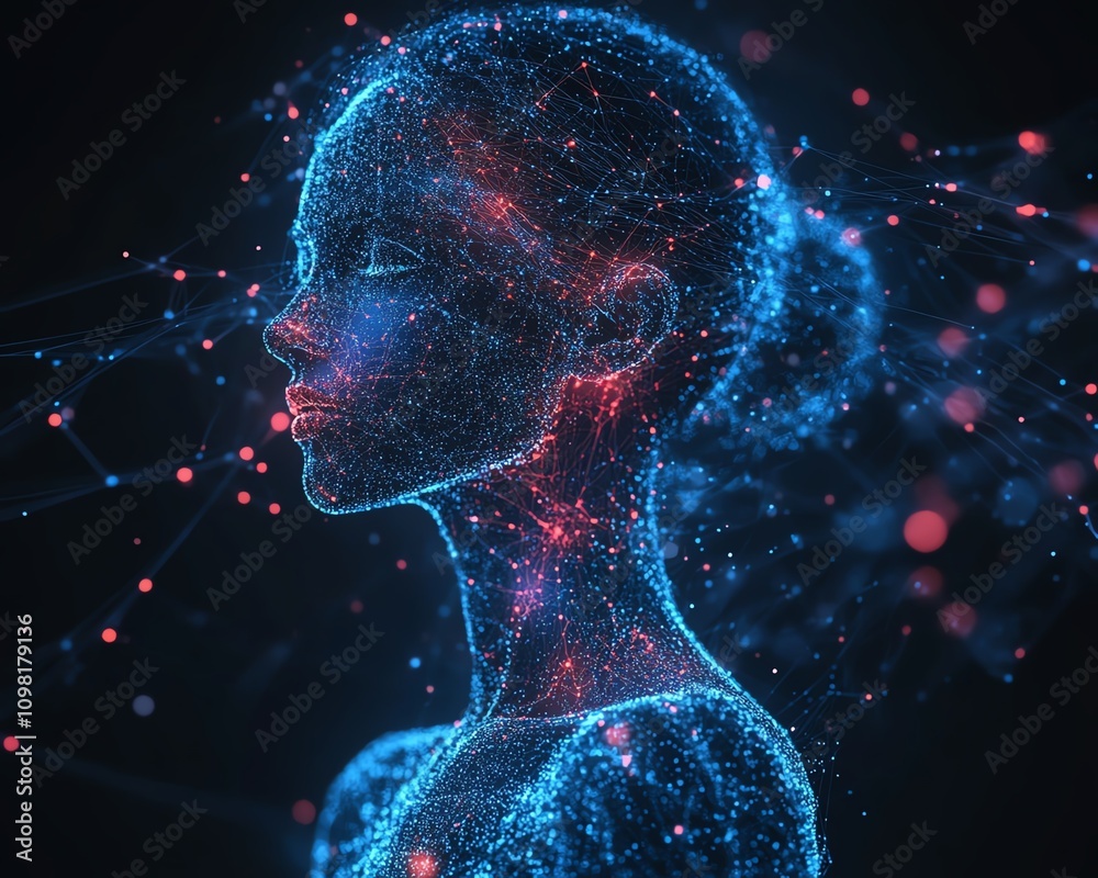 Poster Abstract AIgenerated human profile with data streams and network nodes in blue and red, showcasing digital intelligence and technology