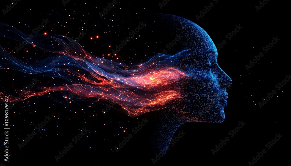 Aufkleber 3D digital human profile made of flowing blue and red data streams, dark background, representing artificial intelligence and data processing