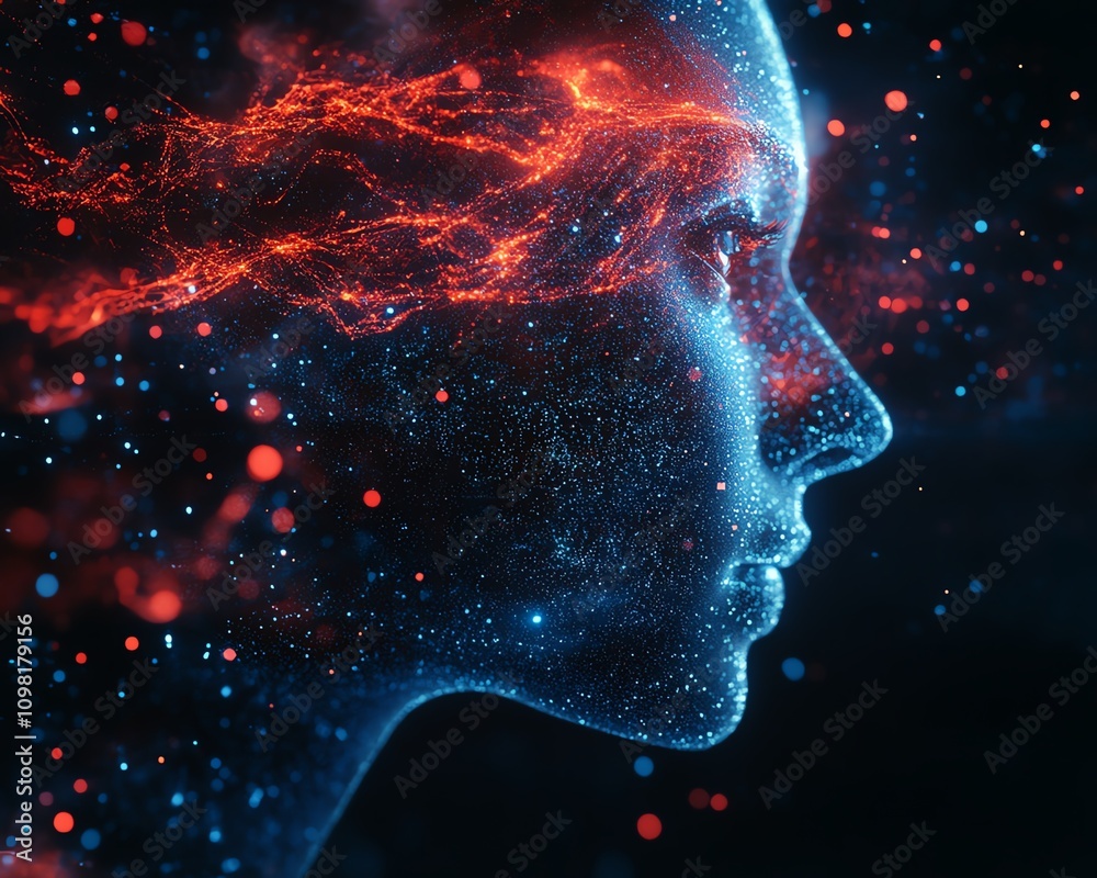Aufkleber Abstract AIgenerated human profile with data streams and network nodes in blue and red, showcasing digital intelligence and technology