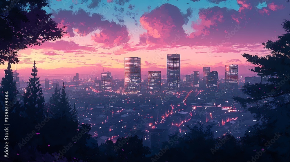 Poster majestic urban skyline at dusk with vibrant colors and cloud patterns : generative ai