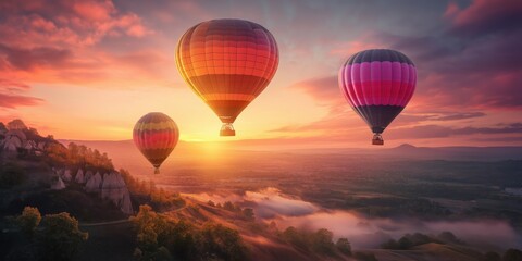 Obraz premium Colorful hot air balloons soar over a stunning desert landscape at sunset. created by ai