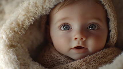 Adorable baby wrapped in a cozy knitted blanket, with wide-eyed curiosity and a hint of an open mouth