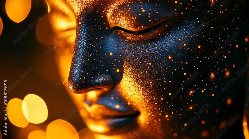 Poster radiant buddha figure close-up surrounded by warm illuminating bokeh : generative ai