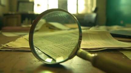 Fototapeta premium Magnifying glass revealing hidden financial irregularities in a stack of documents, emphasizing secrecy and deception in a dimly lit office setting.