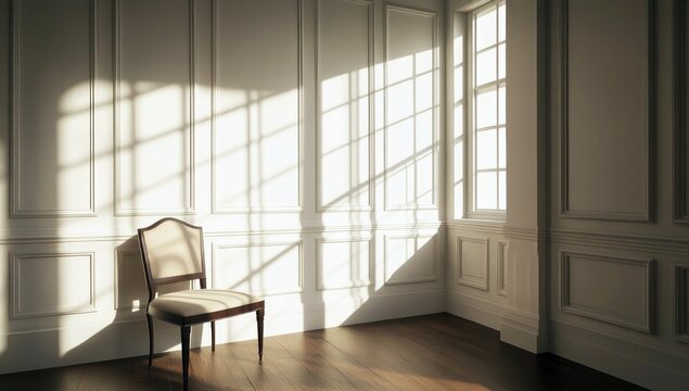 Une pi&egrave;ce d'habitation minimaliste avec un sol en parquet et un fauteuil  contre un mur aux moulures classiques, lumi&egrave;re du soleil traversant la salle.