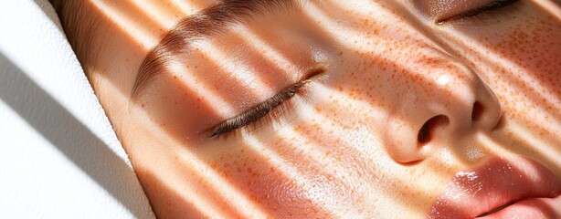 Close-up of a freckled face with sunlight streaming through blinds, highlighting glowing skin and natural beauty.