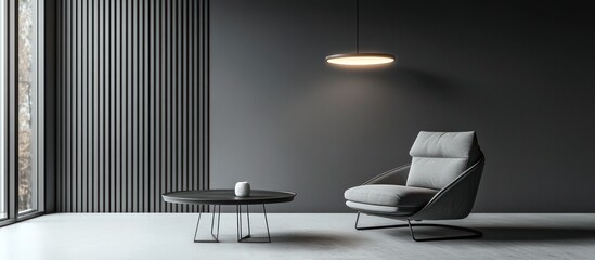 Intérieur de salon minimaliste gris avec un fauteuil, une table basse et une suspension sur un fond de mur vide avec un espace de copie pour la présentation de produit.