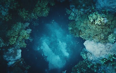 Fototapeta premium Aerial view of a vibrant coral reef ecosystem. Crystal-clear water reveals diverse marine life and colorful coral formations. A breathtaking underwater scene.