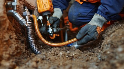 Close-up of a worker connecting a flexible gas line in an underground trench, showcasing tools, gloves, and precise plumbing work.
