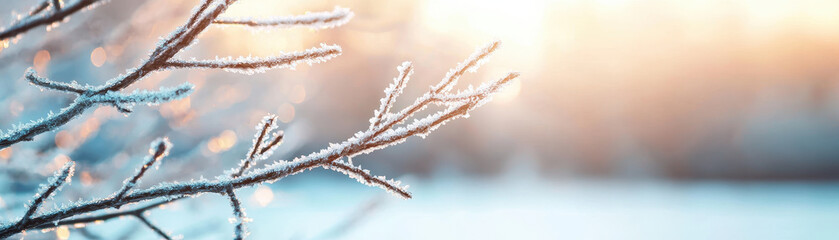 Obraz premium Frosty tree branches glistening under winter sun create serene atmosphere, showcasing nature beauty in tranquil snowy landscape