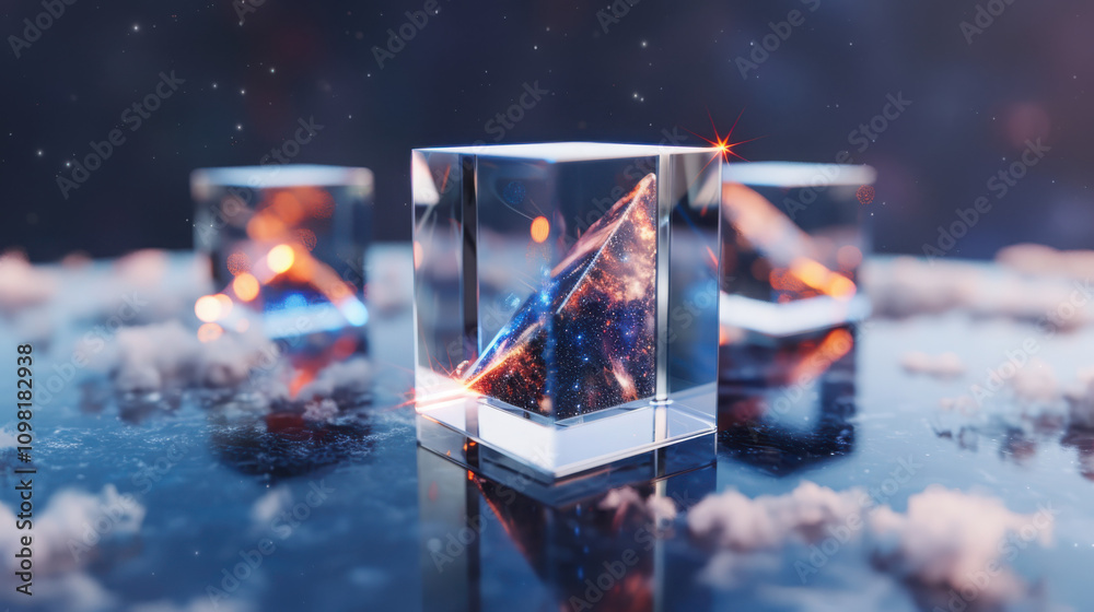 Poster exploring the depths of blockchain technology through abstract connected cubes in a digital landscap