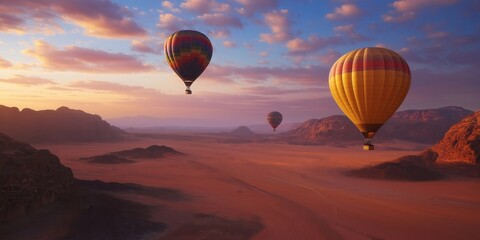 Obraz premium Colorful hot air balloons soar over a stunning desert landscape at sunset. created by ai