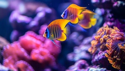Obraz premium Two Vibrant Yellow And Blue Angelfish Swim In Coral Reef