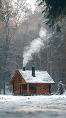 cozy snow covered cabin in woods, with smoke rising from chimney, surrounded by tall trees. serene winter landscape evokes sense of warmth and tranquility