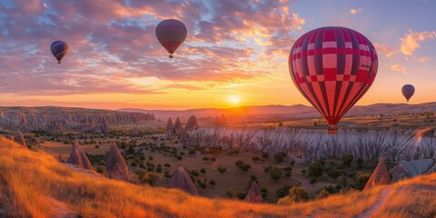 Obraz premium Colorful hot air balloons soar over a stunning desert landscape at sunset. created by ai