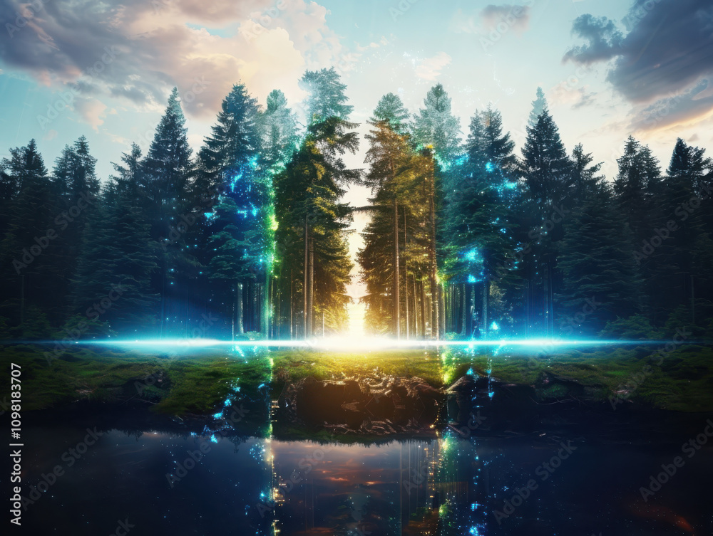 Poster harnessing digital forests data streams flowing through tree trunks in a tech-driven nature landscap
