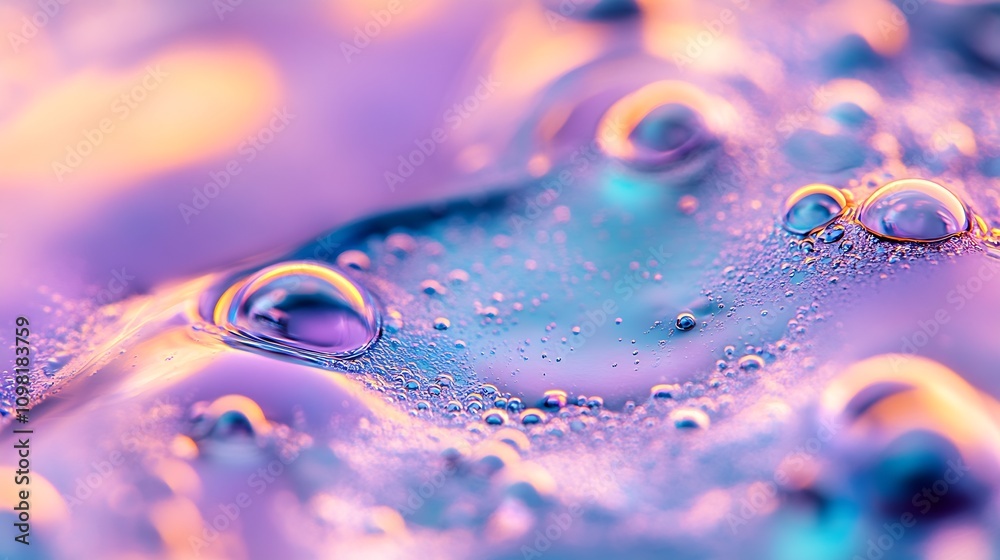 Poster ethereal fluid art with bubbles in soft purple and orange tones : generative ai