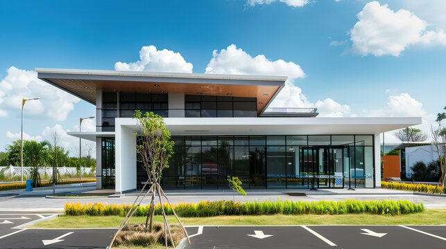 A modern clinic with clear signage and a small parking area.