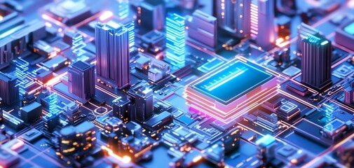 Obraz premium Futuristic city skyline built on a circuit board. Neon lights illuminate the digital metropolis. Concept of technology and urban development.