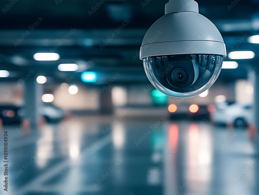 Aufkleber high resolution security camera in modern parking garage surveillance system : generative ai