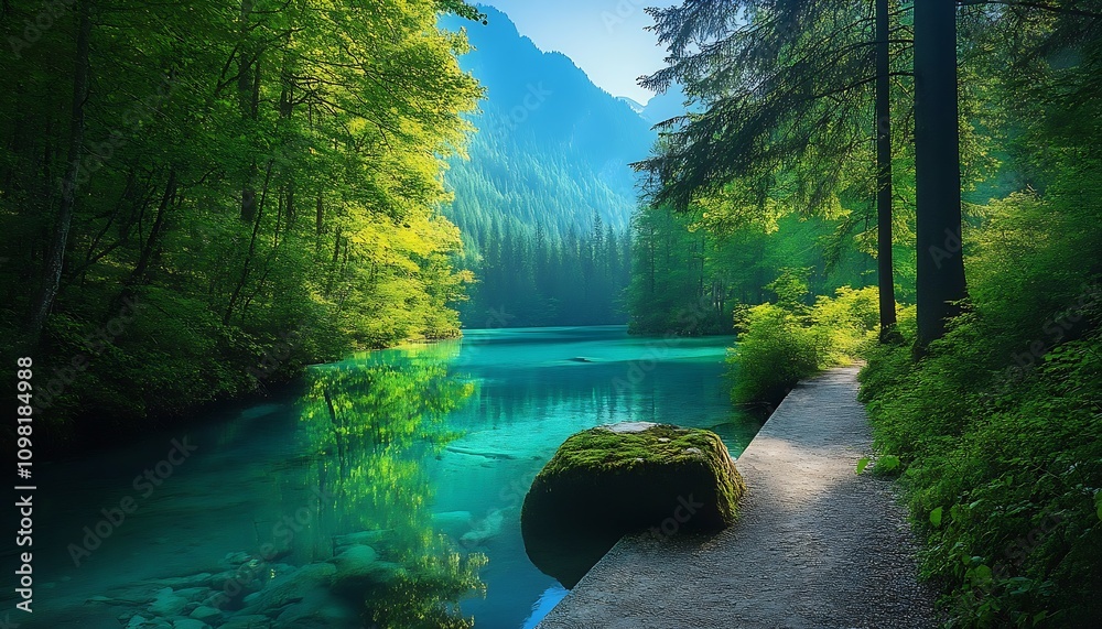 Poster Serene Pathway Along Clear Lake in Tranquil Forest Setting with Mountain Views : Generative AI
