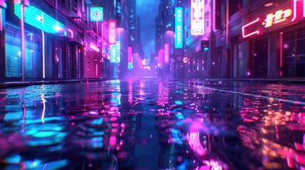 A vibrant, neon-lit street scene reflecting on a wet pavement in a futuristic city.