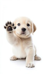 Obraz premium Portrait of an adorable Labrador puppy and Scottish Straight kitten waving their paws on a white background. 