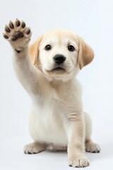 Portrait of an adorable Labrador puppy and Scottish Straight kitten waving their paws on a white background. 