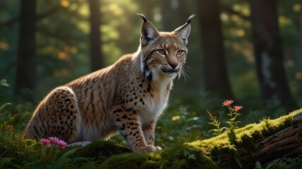 Obraz premium Majestic lynx sitting on mossy log in sun-dappled forest.