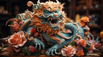 Obraz premium A dragon with orange flowers on its back