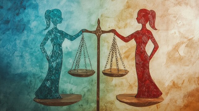 Abstract illustration featuring two female figures holding a balanced scale, symbolizing equality, balance, and justice in a colorful and textured design.. AI Generation