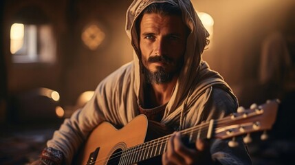 Fototapeta premium A man in a hooded robe is playing a guitar