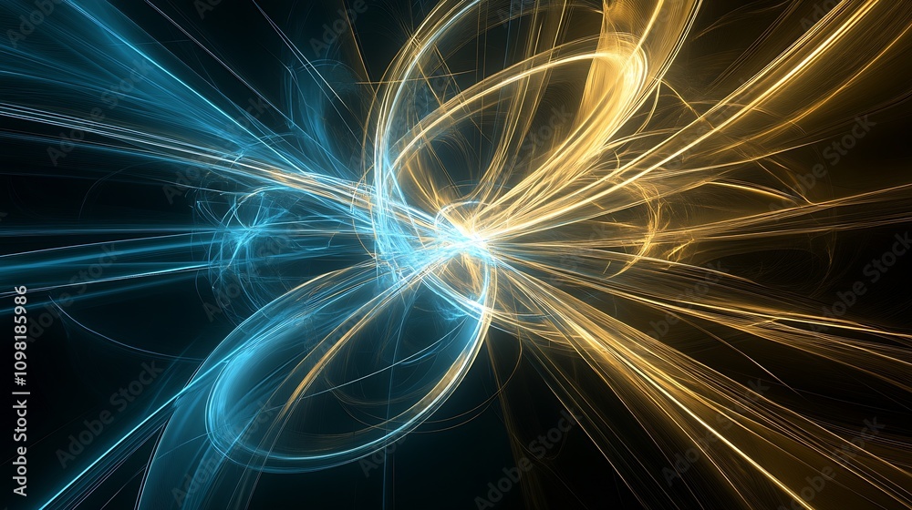 Poster energetic abstraction of intertwined golden and blue glowing light waves : generative ai