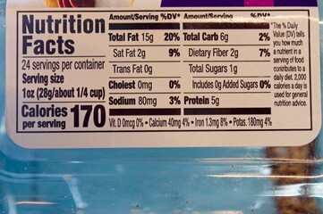 Nutrition facts label on clear plastic package