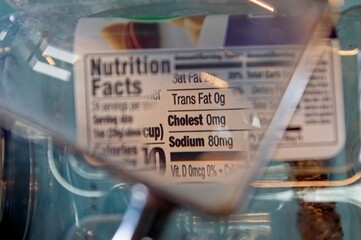 Magnifying glass focusing on cholesterol and sodium on a food label