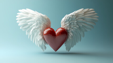 Fototapeta premium An icon of a red heart with a white wing on a light blue solid color background