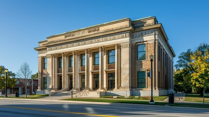 Obraz premium A traditional bank building with tall columns and a stone facade.