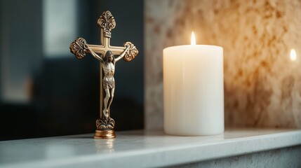 religious dcor, in a cozy room, a decorative crucifix adorns the mantelpiece, highlighted by the soft glow of a candle accentuating its shape