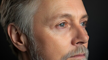 Obraz premium Close-up profile of a mature man with silver hair, contemplative gaze, and detailed facial features, embodying wisdom, experience, and sophistication.