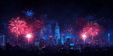 City Nightscape Drenched in Multicolored Fireworks Display : Generative AI