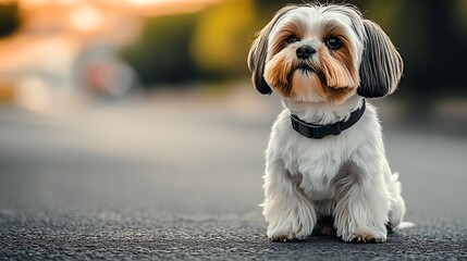 Charming Shih Tzu Puppy Sitting Patiently on City Street Under Vibrant Sunset Light : Generative AI