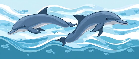 Obraz premium Two playful dolphins leap through ocean waves. Vibrant illustration perfect for marine life themes.