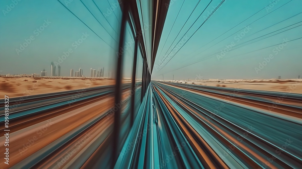 Poster captivating vivid motion perspective of urban train journey at high speed : generative ai