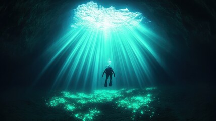 Fototapeta premium A diver explores the enchanting underwater light rays.