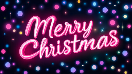 Christmas card with the inscription "Merry Christmas". Glowing neon inscription "Merry Christmas" on a black background with bokeh.